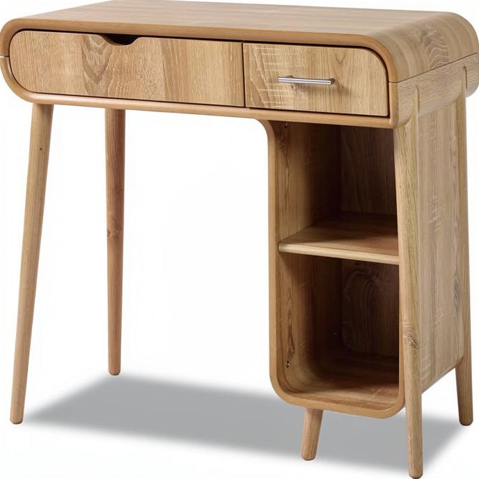 **Technische titel in het Nederlands: Minimalistisch houten bureau met lade en open opbergplek**