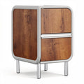 **Stijlvolle nachtkast met houten afwerking en metalen details**