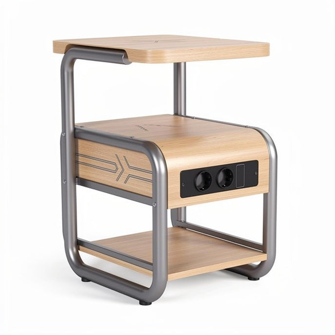 Technische titel in het Nederlands: **Moderne houten bijzettafel met aansluitingen**