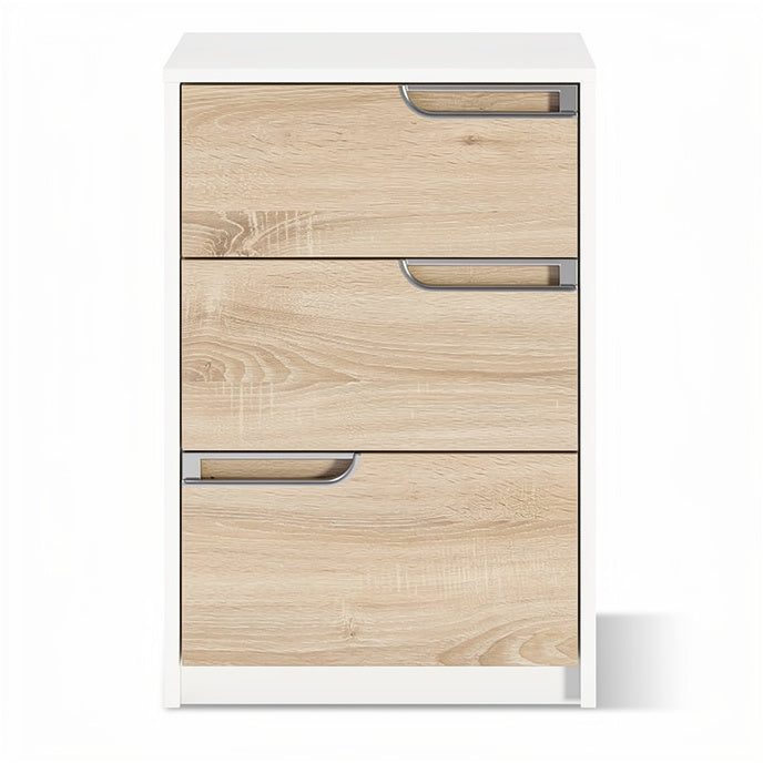 **Technische titel in het Nederlands: Moderne nachtkast met drie lades in houtlook**